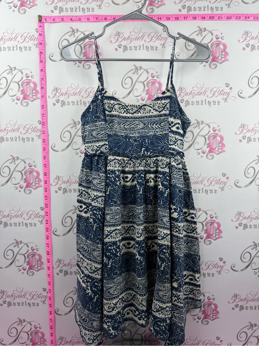 American Eagle Outfitters Navy and Cream Printed Spaghetti-Strap Dress